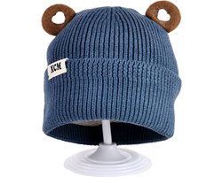 Decopatent XCM - Muts Kind - Kinder muts met Oren - Teddy Bear - 6 Maanden t/m 6 jaar - Maat 48/52 - Kindermutsen Jongens & Meisjes - Gebreide Muts met Binnenvoering - Muts Baby / Peuter / Kleuter - Wintermuts - Kleur: Blauw