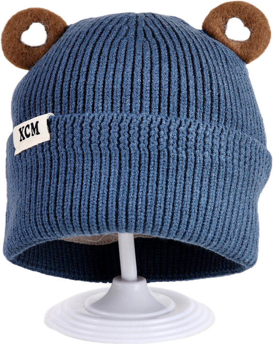 Decopatent XCM - Muts Kind - Kinder muts met Oren - Teddy Bear - 6 Maanden t/m 6 jaar - Maat 48/52 - Kindermutsen Jongens & Meisjes - Gebreide Muts met Binnenvoering - Muts Baby / Peuter / Kleuter - Wintermuts - Kleur: Blauw