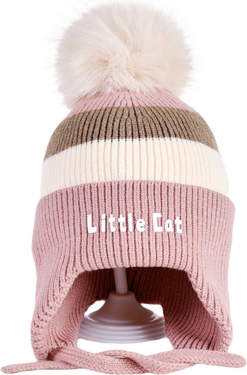 Decopatent LITTLE CAT - Muts Kind - Kinder muts met pompon - 6 Maanden t/m 6 jaar - Maat 48/52 - Kindermutsen Jongens & Meisjes - Gebreide Muts met Binnenvoering - Muts Baby / Peuter / Kleuter - Wintermuts - Kleur: Roze met gekleurde Strepen