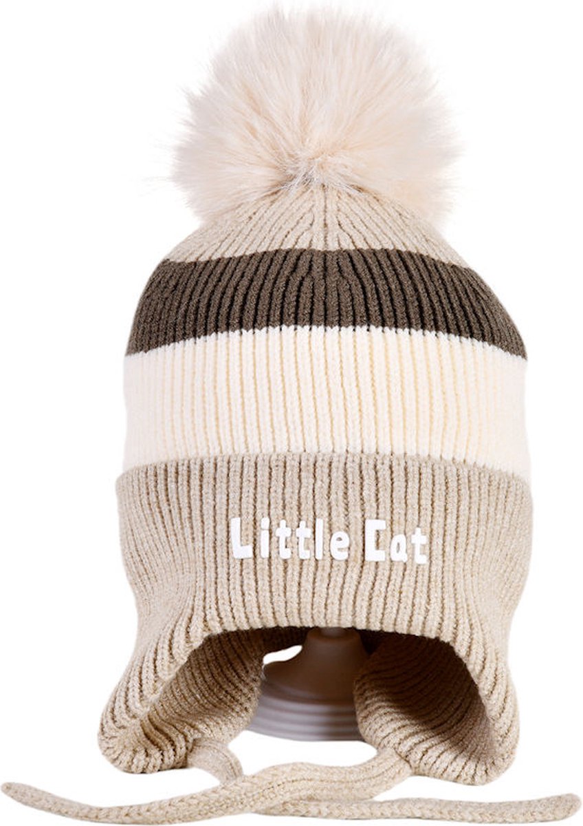 Decopatent LITTLE CAT - Muts Kind - Kinder muts met pompon - 6 Maanden t/m 6 jaar - Maat 48/52 - Kindermutsen Jongens & Meisjes - Gebreide Muts met Binnenvoering - Muts Baby / Peuter / Kleuter - Wintermuts - Kleur: Grijs met gekleurde Strepen