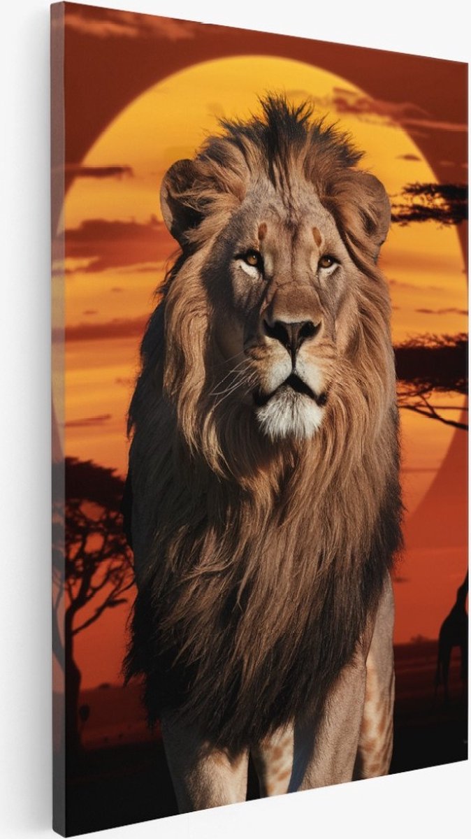 Saammp Canvas Schilderij - Leeuw met afrikaanse zonsondergang - Natuur - Dieren - 20x30 - Foto op canvas - Wanddecoratie - Muurdecoratie Woonkamer - Slaapkamer decoratie - Canvas Print Multicolor