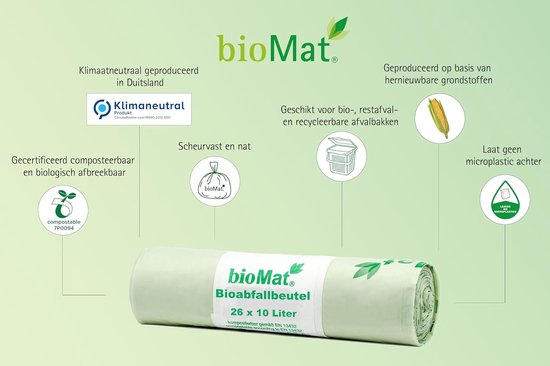 Diagram van bioMat's koolstofneutrale proces met een rol vuilniszakken.