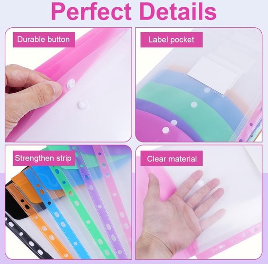 12-transparante-ringmappen-A4-geperforeerd-polypropyleen-11-gaten-gekleurde-hoezen-Kantoor-School-Thuis-Verticaal