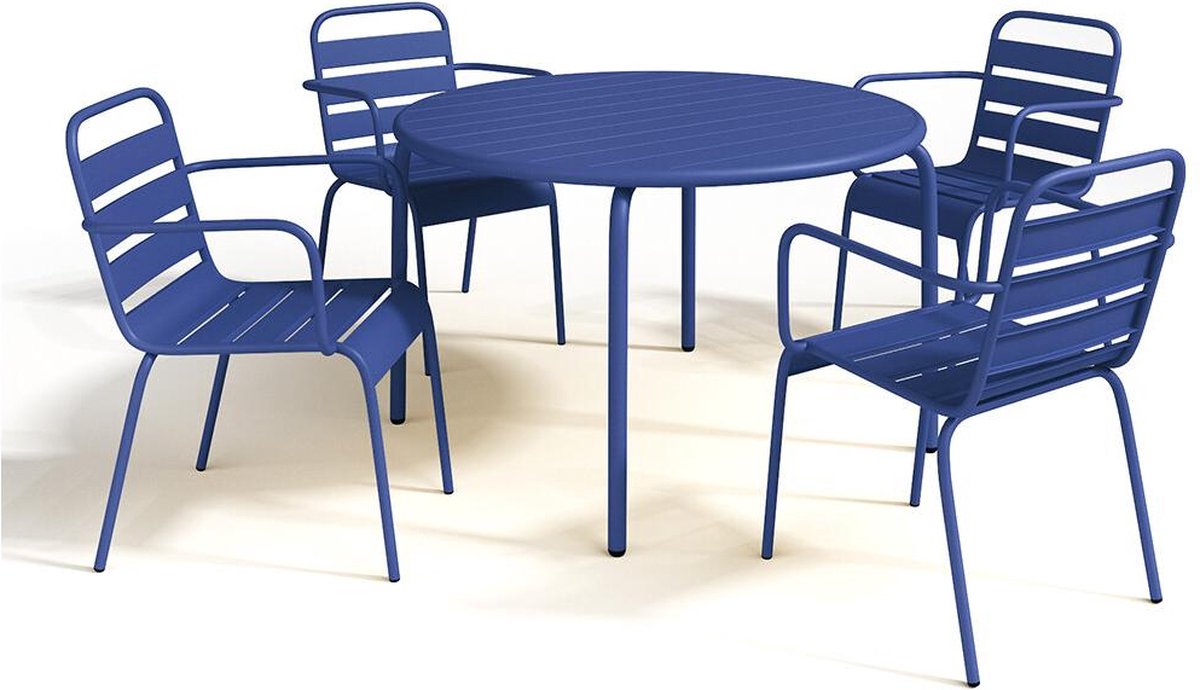 Vente-unique Tuineetset MIRMANDE: tafel D110 cm met 4 opstapelbare fauteuils - Metaal - Nachtblauw L 110 cm x H 79 cm x D 110 cm