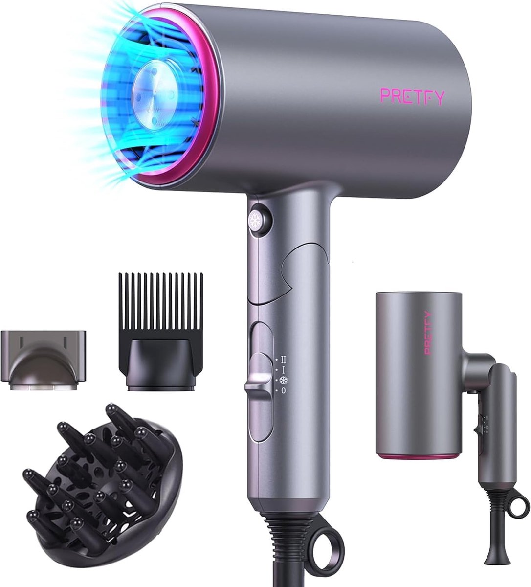 Professionele ionische haardroger - 2000 W, opvouwbaar met diffuser en borstel, 3 warmtestanden, 2 snelheden