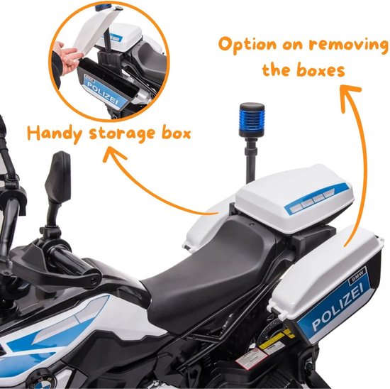Achterkant van een politiemotor met opbergboxen met "POLIZEI" opschrift, een blauw zwaailicht en de mogelijkheid om de boxen te verwijderen.