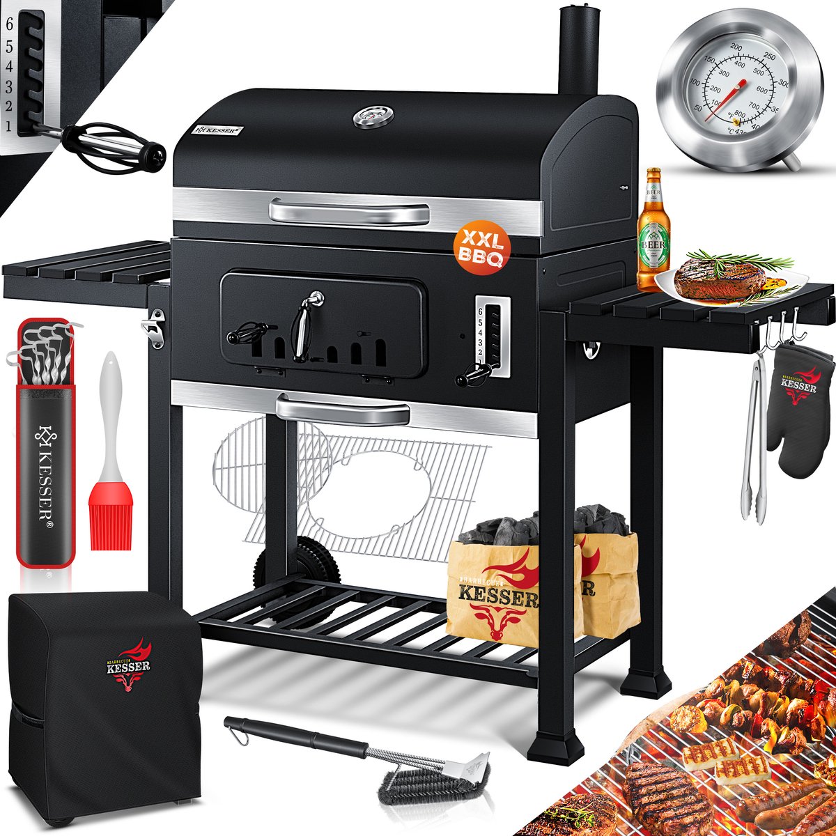 KESSER® Houtskoolbarbecue XXL Barbeque Houtskool met Deksel, Wielen, Afdekkap, Roestvrij Stalen Handvat, Barbecuerooster en Thermometer, 8 Spiesen met Zakje & siliconen Borstel, grote BBQ Camping Terras Tuin