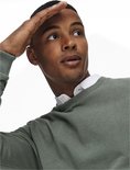 Man met gesloten ogen, kijkend naar rechts met hand op voorhoofd. Draagt een groene sweater met witte overhemdkraag.