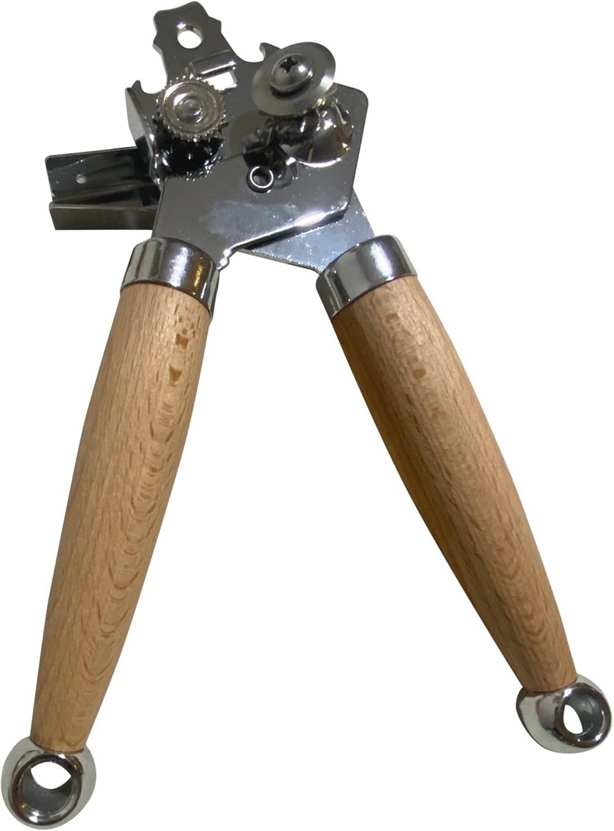 Stalen Blikopener met Houten Handvat en Ingebouwde Flesopener