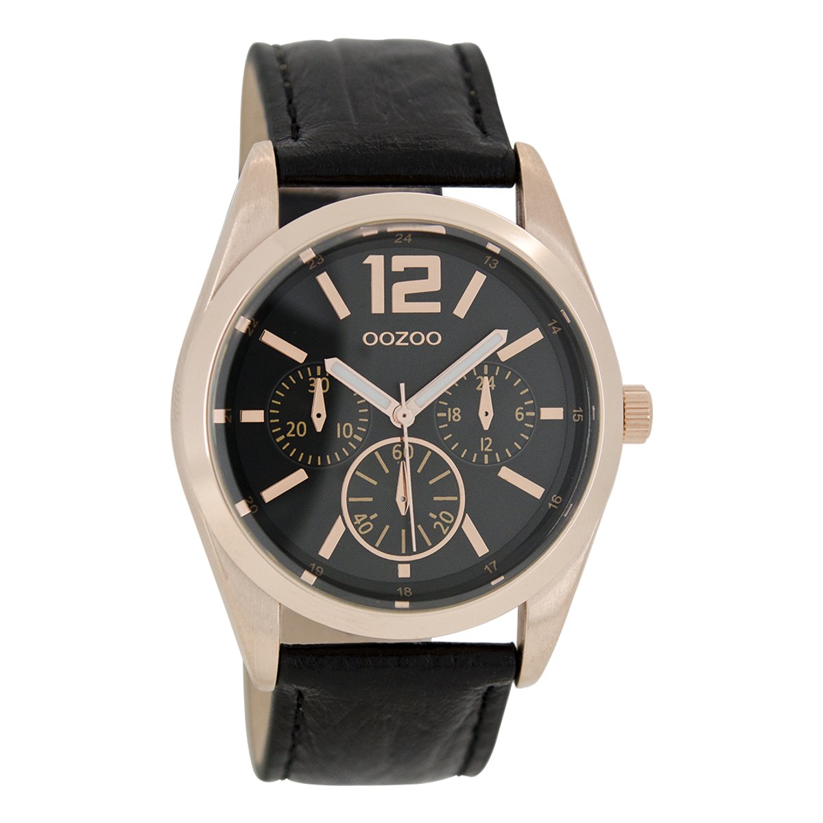 OOZOO Timepieces - Rosé goudkleurige horloge met zwarte leren band - C7624