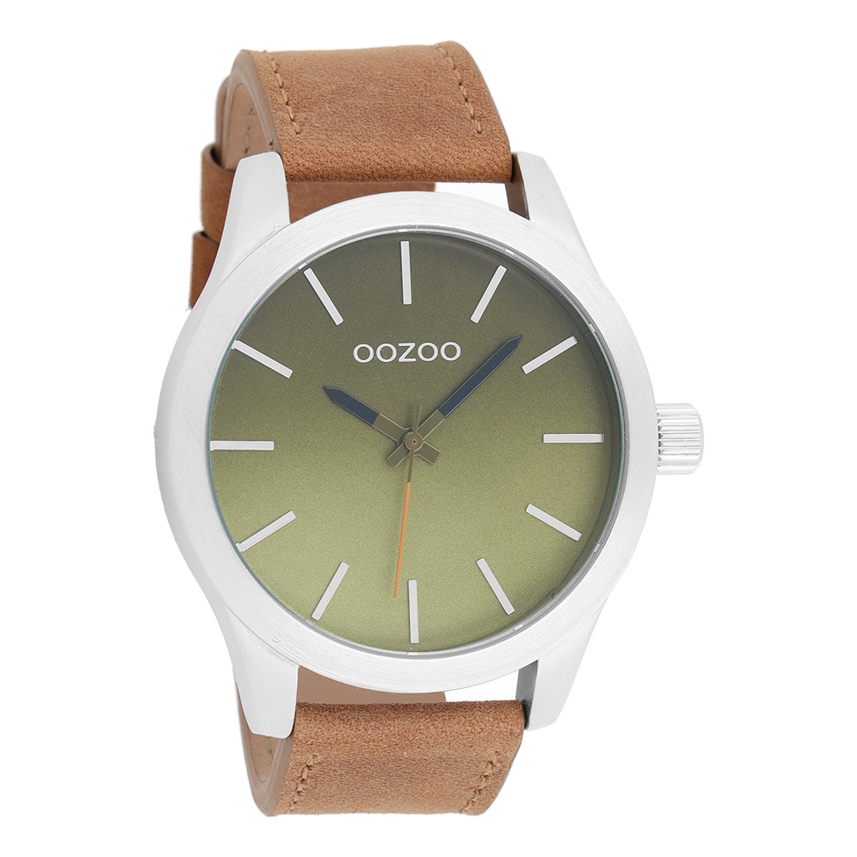 OOZOO Timepieces - Zilverkleurige horloge met bruine leren band - C8556