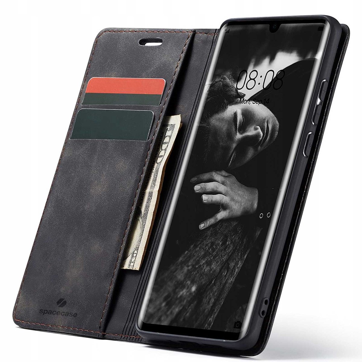 Spacecase Case Portefeuille Voor Huawei P30 Pro Zwart Leer