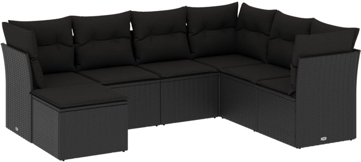 The Living Store 7-delige Loungeset met kussens poly rattan zwart - Loungeset - Lounge Set - Tuinlounge - Buitendiner - Outdoor Furniture