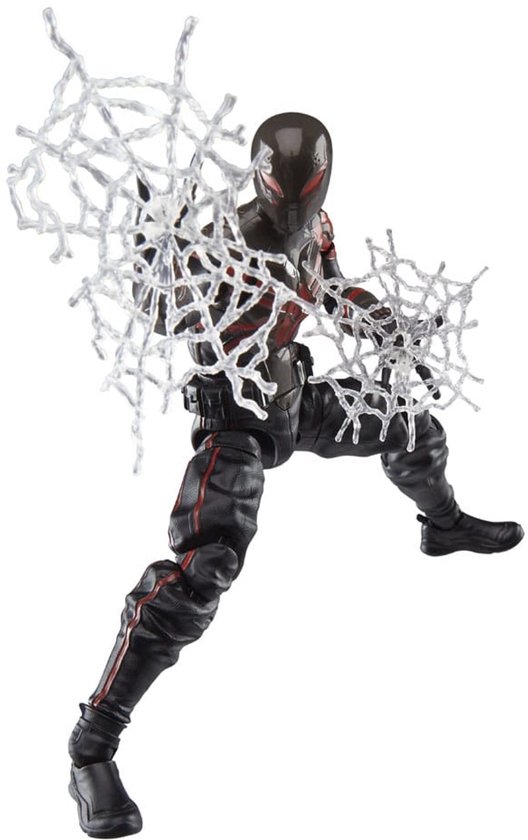 Actiefiguur van Miles Morales in Brooklyn 2099-pak, met web-effecten.