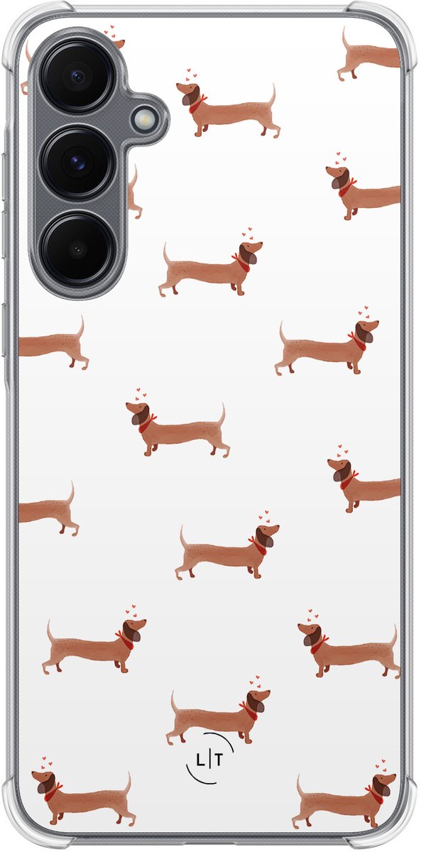 Shockproof hoesje - Geschikt voor Samsung Galaxy A15 - Teckels - Extra sterke case - TPU/polycarbonaat - Print / Illustratie - Bruin, Transparant