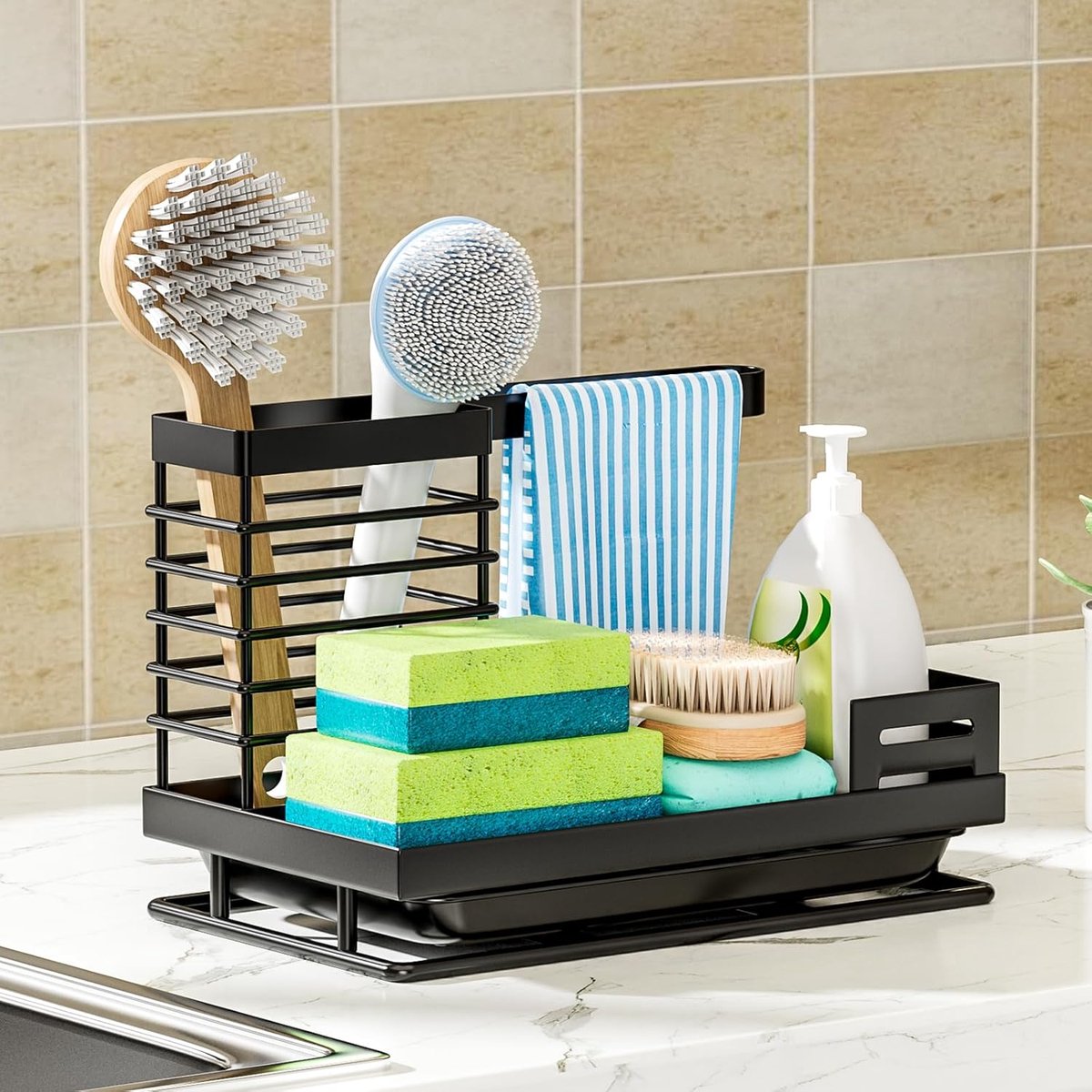Zwart Spoelbak Organizer Met Extra Versteviging En Afvoerpan - Sponshouder, Spoeldoekhouder, Borstel en Zeepbakhouder sponshouder gootsteen magnetische