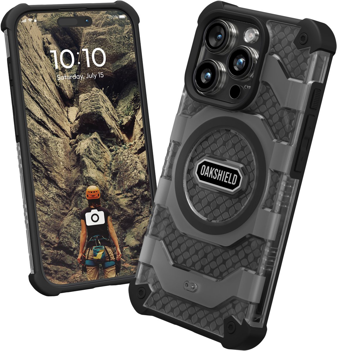 Oakshield telefoonhoesje geschikt voor iPhone 15 Pro hoesje - Smartphone case compatibel met MagSafe - Antislip mobiele telefoon hoes in zwart