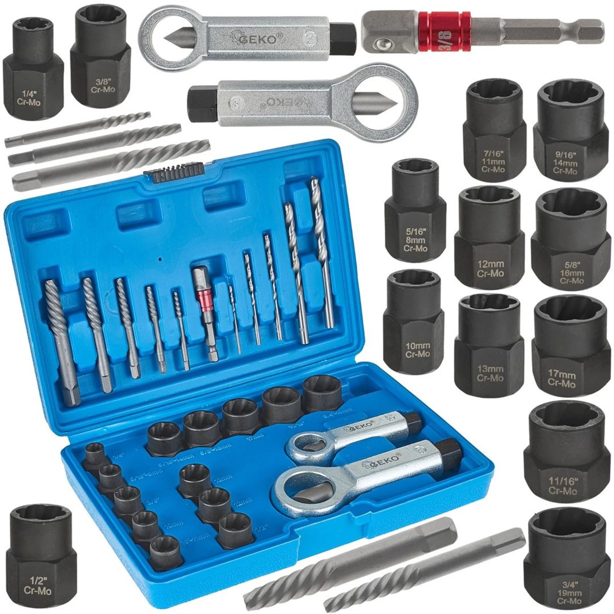 GEKO 26-delige extractorset - CrMo staal - Voor schroeven, moeren en bouten - Inclusief boorbits en moersplijters