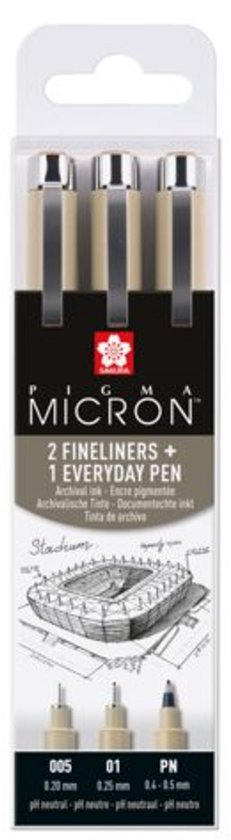 Verpakking met 3 Sakura Pigma Micron fineliners: twee 005 (0.20mm) en één PN (0.4-0.5mm). De verpakking toont een schets van een stadion.