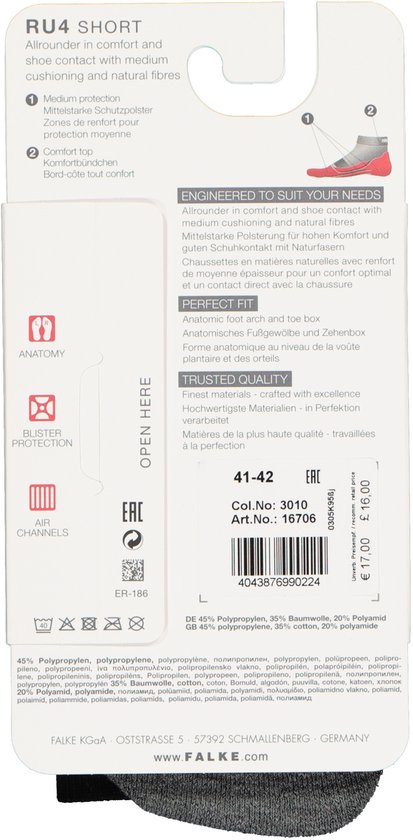 Verpakking van FALKE RU4 Short hardloopsokken met maatinformatie (41-42) en materiaal-samenstelling.