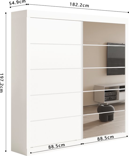 Armoire Interiax «Mila» - Armoire à portes coulissantes Witte avec 1 cintre, 4 Étagères et miroir | 197,5 x 182,5 x 52,5 cm