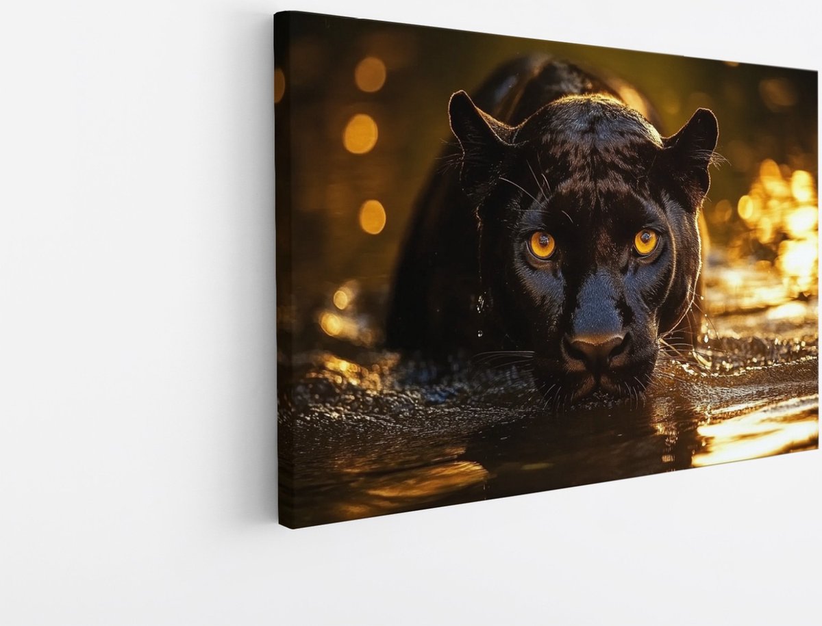 Saammp Canvas Schilderij - Drinkende zwarte panter - Natuur - Dieren - 100x75 - Foto op canvas - Wanddecoratie - Muurdecoratie Woonkamer - Slaapkamer decoratie - Canvas Print Multicolor