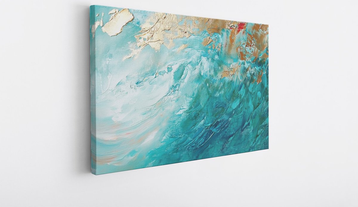 Saammp Canvas Schilderij - Goud - Blauwe kunst - Abstracte - 40x30 - Foto op canvas - Wanddecoratie - Muurdecoratie Woonkamer - Kantoor Decoratie Multicolor