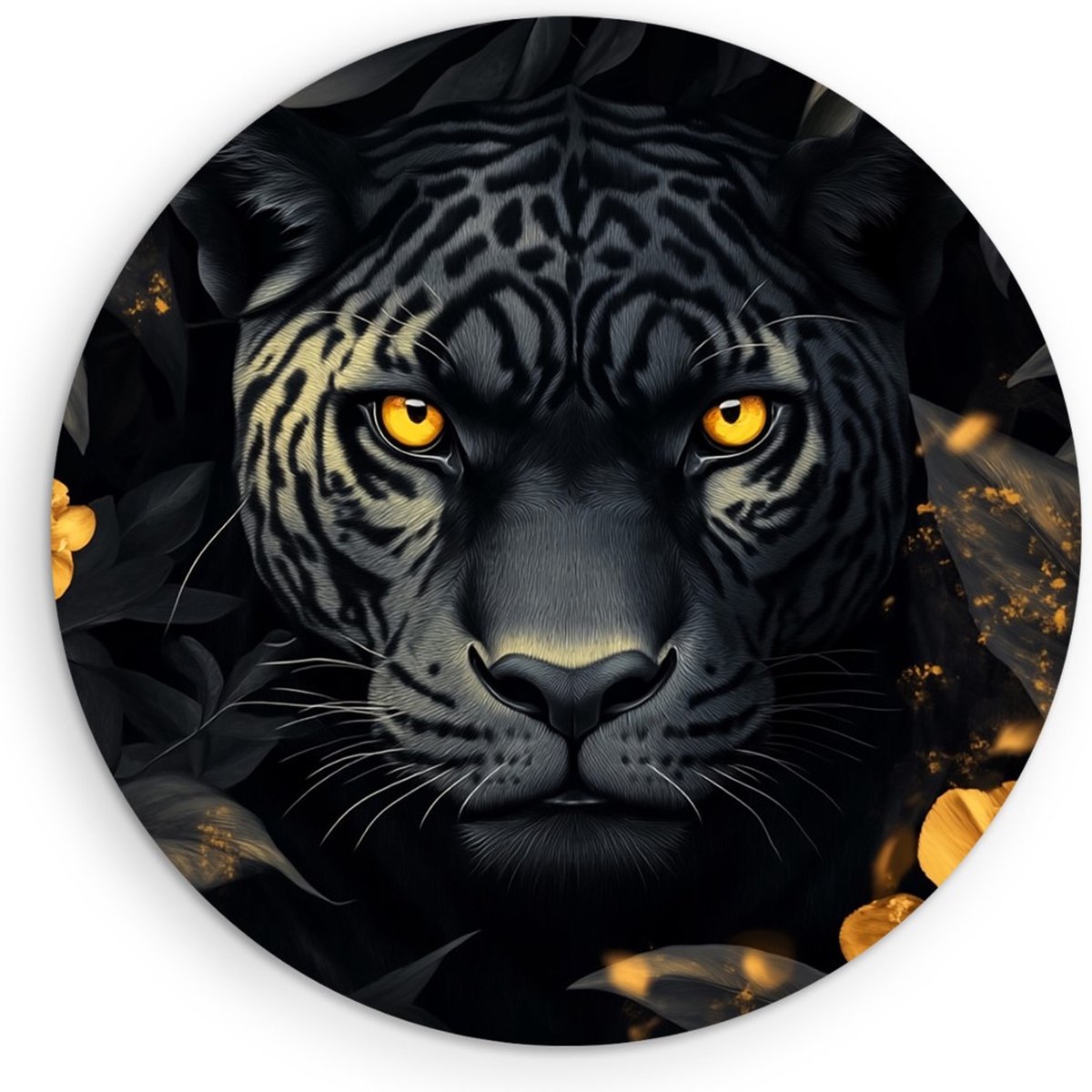 Saammp Forex Muurcirkel - Zwarte Panter met goude bloemen- Natuur - Dieren - Ø 60 - Wandcirkel - Wanddecoratie Cirkel - Muurdecoratie Woonkamer - Slaapkamer decoratie - Rond Schilderij