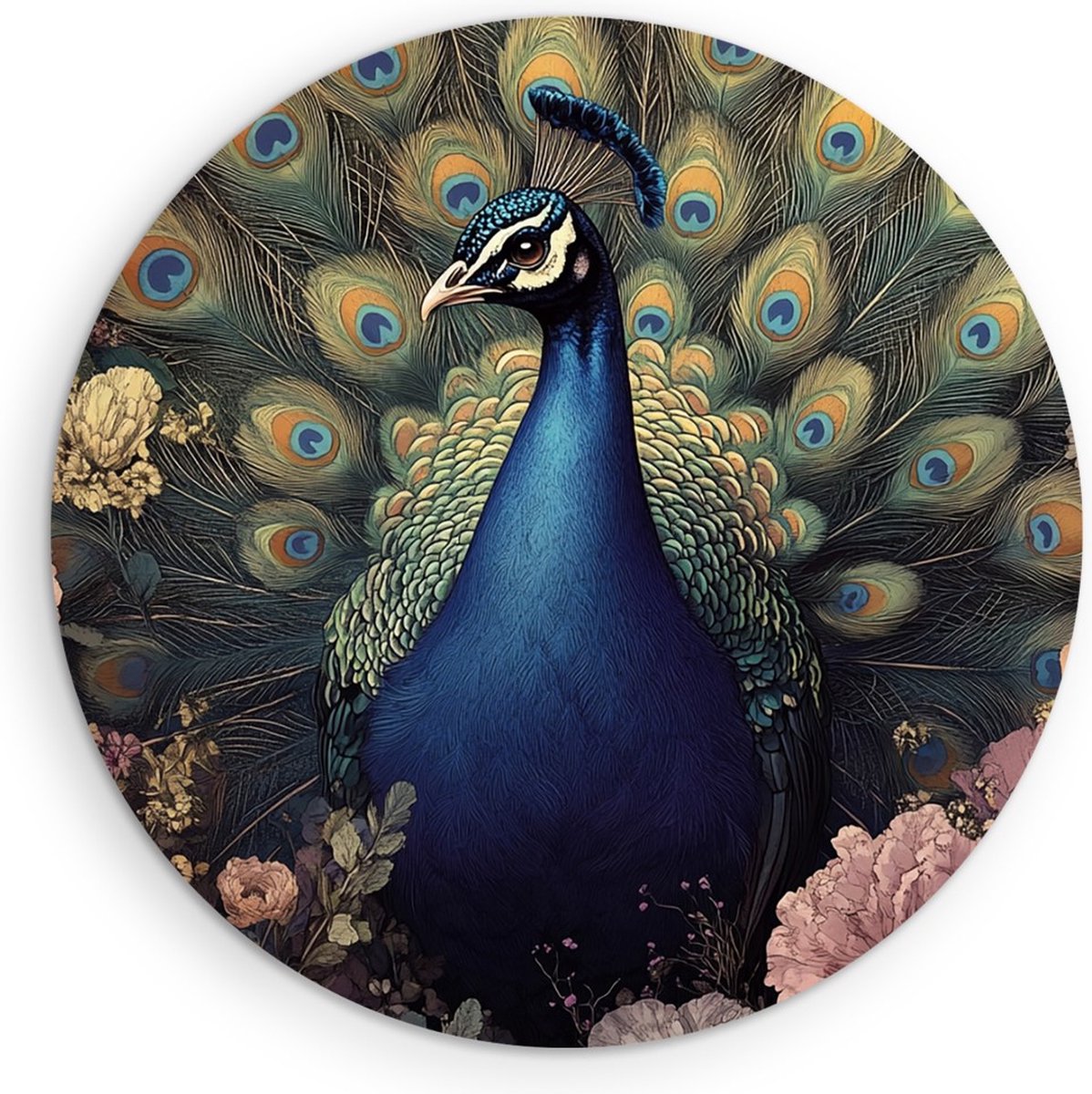 Saammp Forex Muurcirkel - Pauw - Hanen- Bloemen - Dieren - Natuur - Ø 70 - Wandcirkel - Wanddecoratie Cirkel - muurdecoratie Woonkamer - Slaapkamer decoratie - Rond Schilderij