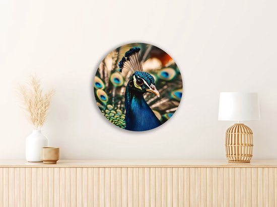 Cercle mural Saammp Forex - Paon en gros plan - Fleurs - Animaux - Nature - Ø 50 - Cercle mural - Cercle de Décoration murale - Décoration murale Salon - Décoration de chambre - Peinture ronde