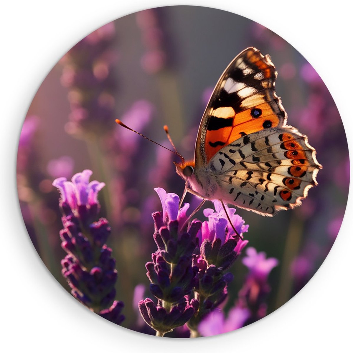 Saammp Muurcirkel Hout -Vlinder op lavendel bloem - Dieren - Ø 60 - Wandcirkel - Wanddecoratie Cirkel - muurdecoratie Woonkamer - Slaapkamer decoratie - Rond Schilderij