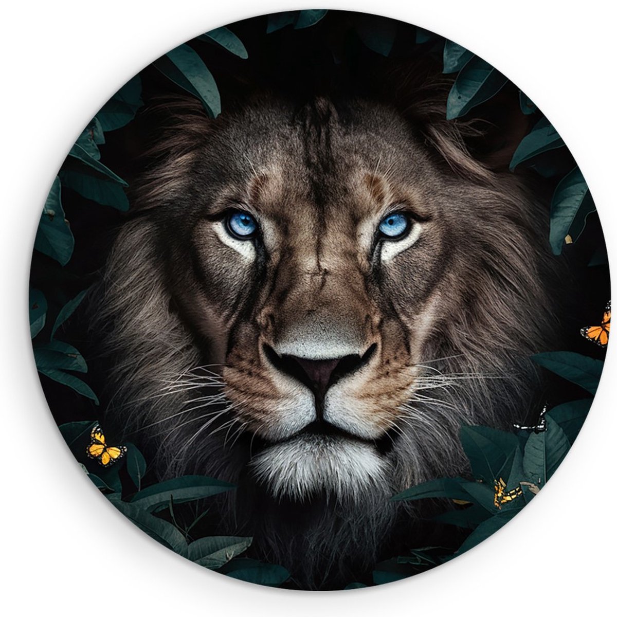 Saammp Forex Muurcirkel - Leeuw tussen de bladeren en vlinders - Dieren - Natuur - Ø 80 - Wandcirkel - Wanddecoratie Cirkel - Muurdecoratie Woonkamer - Slaapkamer decoratie - Rond Schilderij