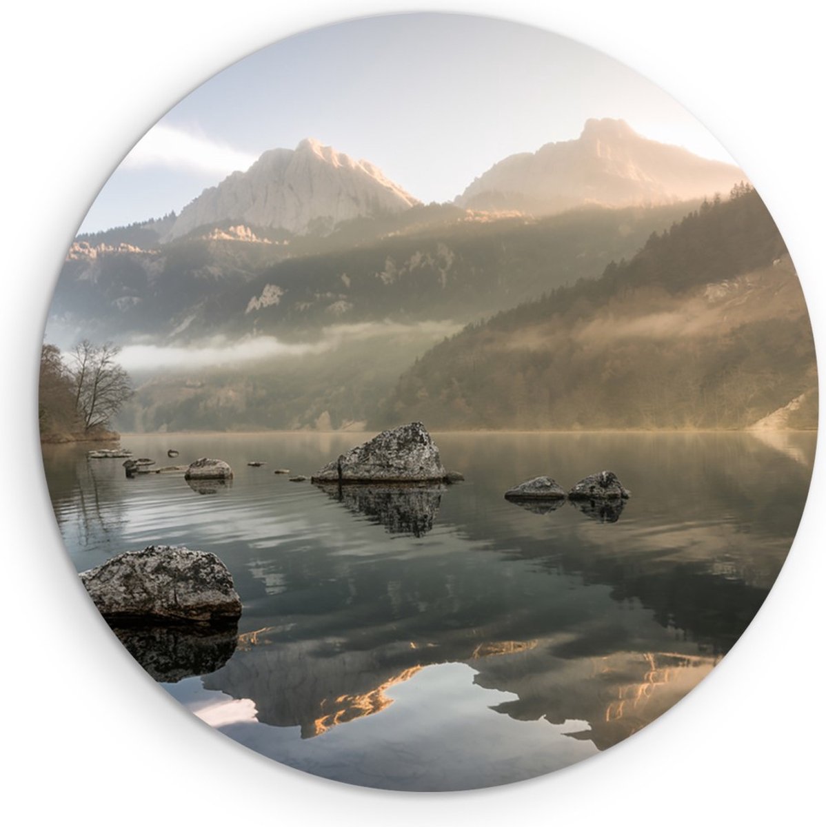 Saammp Forex Muurcirkel -Mistig Landschap - Rotsen - Natuur - Ø 80 - Wandcirkel - Wanddecoratie Cirkel - Muurdecoratie Woonkamer - Slaapkamer decoratie - Rond Schilderij