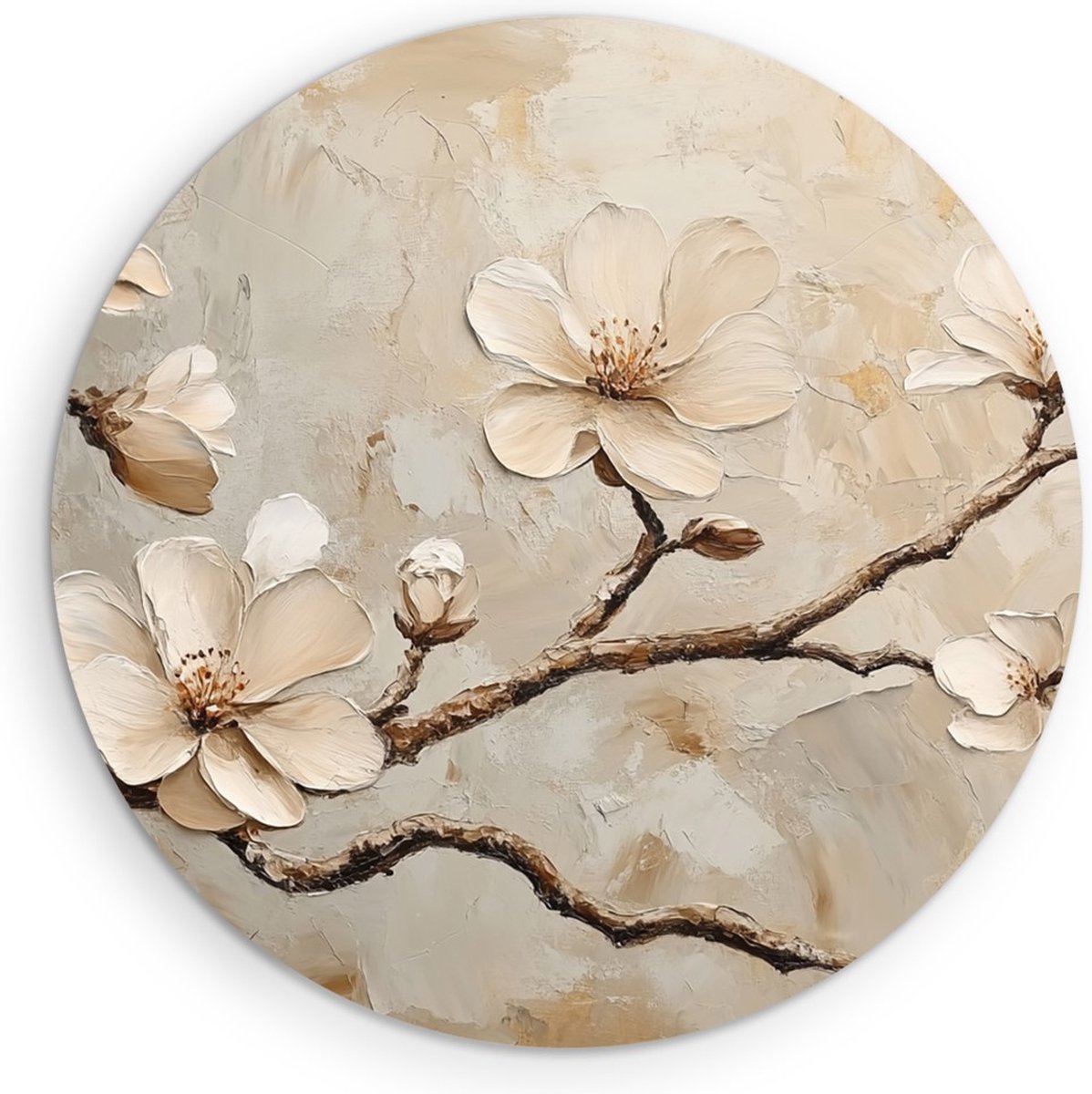 Saammp Muurcirkel Hout - Witte bloemen aan tak - Natuur - botanisch - Ø 50 - Wandcirkel - Wanddecoratie Cirkel - Muurdecoratie Woonkamer - Woonkamer Decoratie