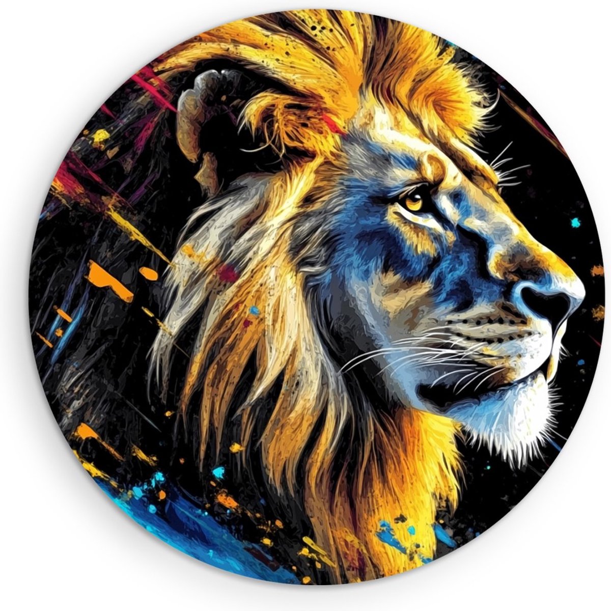 Saammp Muurcirkel Hout - Leeuw met verfspetters - Dieren - Natuur - Ø 30 - Wandcirkel - Wanddecoratie Cirkel - Muurdecoratie Woonkamer - Slaapkamer decoratie - Rond Schilderij