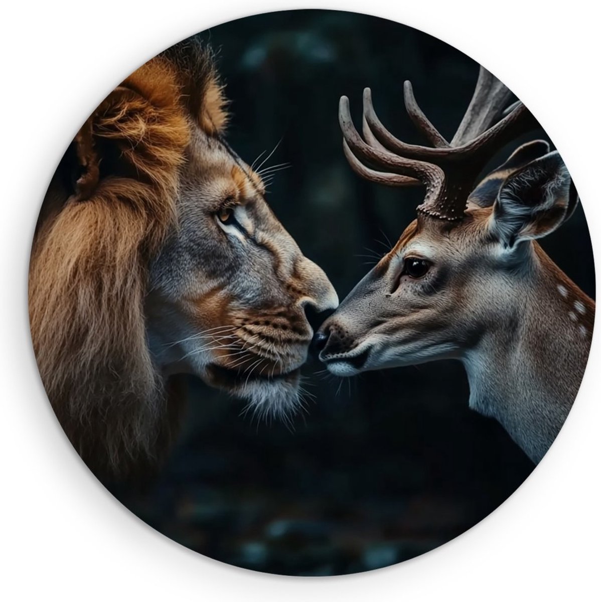 Saammp Muurcirkel Hout - Hert met Leeuw - Natuur - Dieren - Ø 30 - Wandcirkel - Wanddecoratie Cirkel - Muurdecoratie Woonkamer - Slaapkamer decoratie - Rond Schilderij