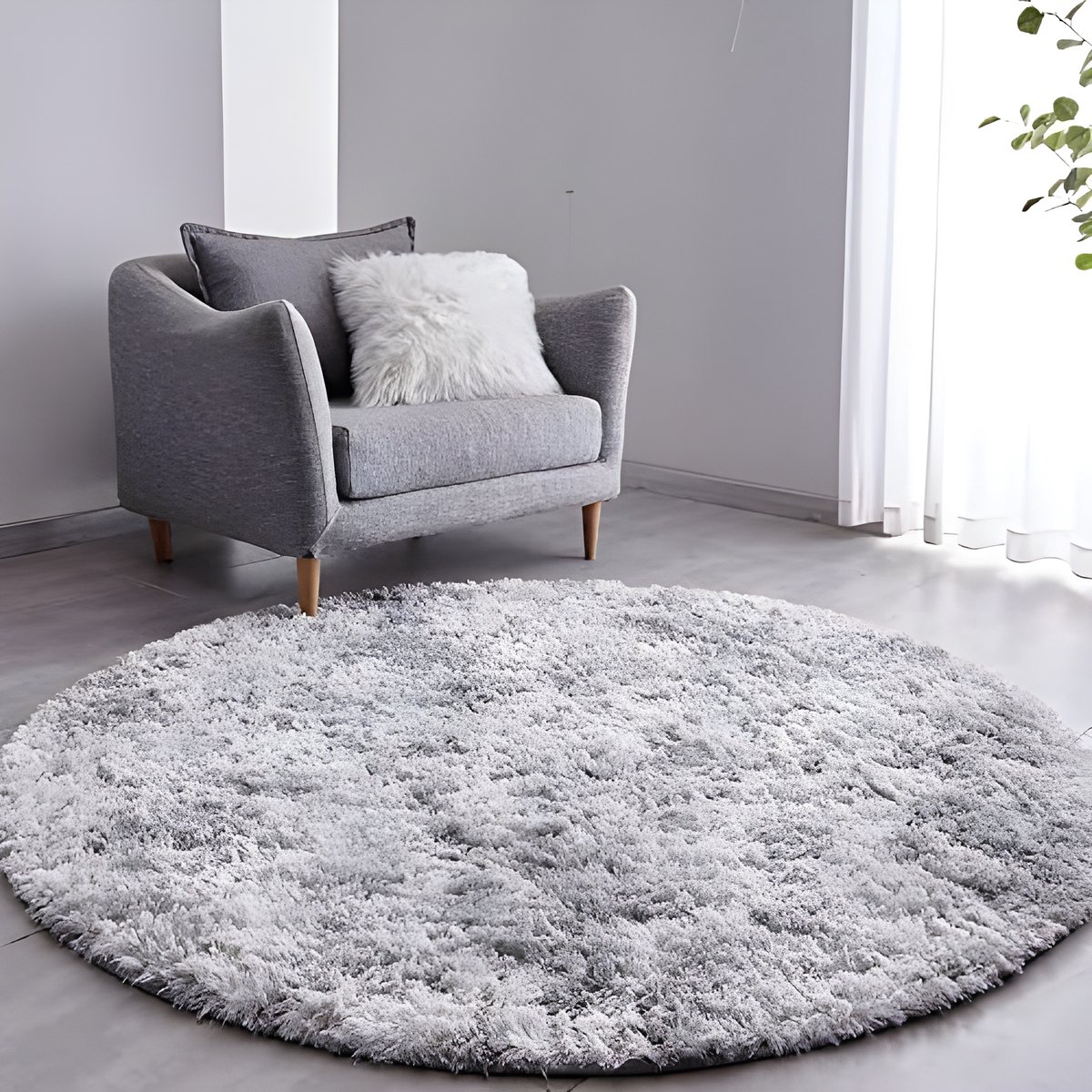 Hoogpolig Vloerkleed, Woonkamer Tapijt 150 cm rond, lichtgrijs