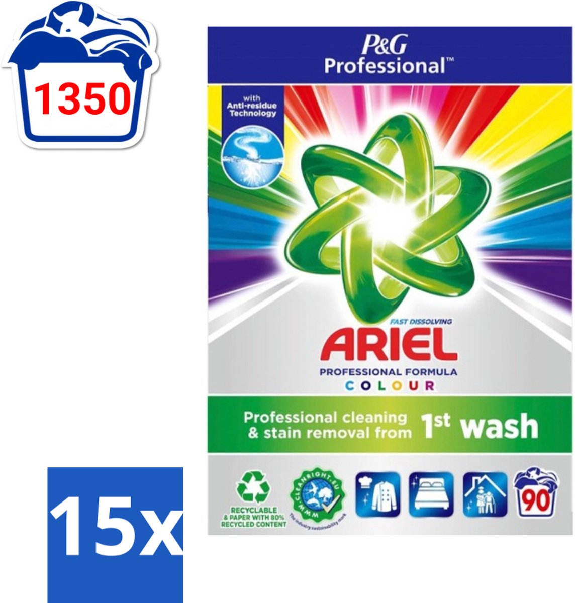 15 x Ariel Professional - Waspoeder - Gekleurde Was - 90 Wasbeurten - Waspoeder Kleur - Waspoeder Voor Gekleurde Kleding - Waspoeder Voor Professionals - Waspoeder 90 Wasbeurten - Waspoeder 5 Sterren Reiniging
