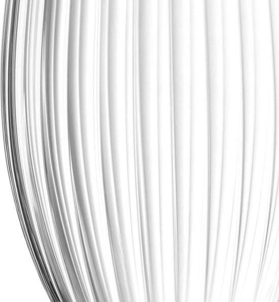 Close-up van een glazen wijnglas met verticale ribbels.