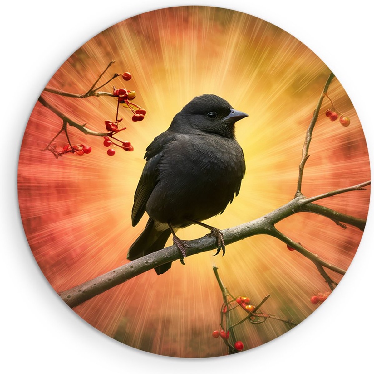 Saammp Muurcirkel Hout - Zwarte Vogel op tak - Dieren - Bloemen - Ø 90 - Wandcirkel - Wanddecoratie Cirkel - muurdecoratie Woonkamer - Slaapkamer decoratie - Rond Schilderij