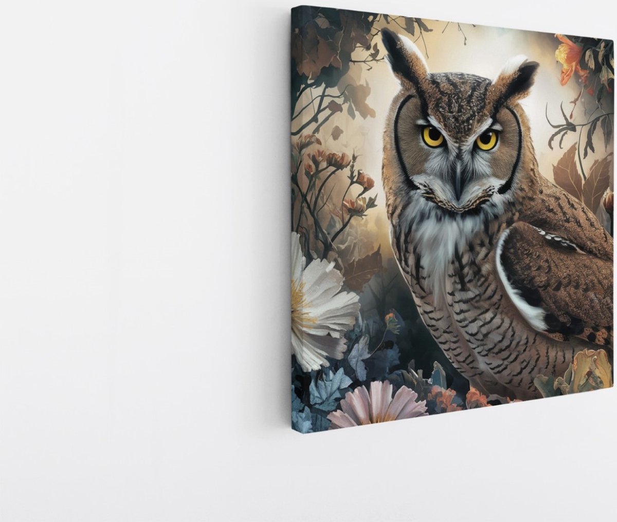 Saammp Canvas Schilderij - Uil tussen de bloemen - Natuur - Dieren - 100x100 - Foto op canvas - Wanddecoratie - Muurdecoratie Woonkamer - Slaapkamer decoratie - Canvas Print Multicolor