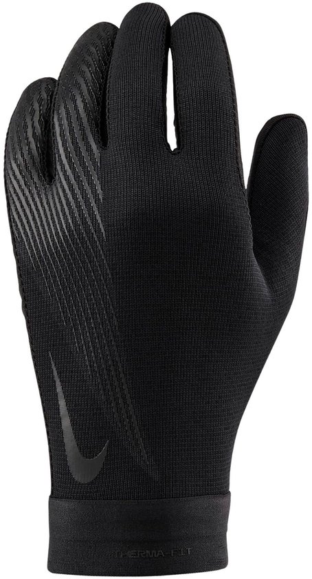 Zwarte Nike handschoen met Therma-FIT op de polsband, een groot Nike logo en strepen op de rug van de hand.