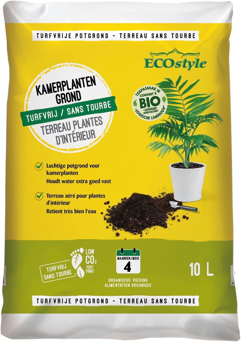 ECOstyle GroeiGrond Kamerplanten Fijne Potgrond - Turfvrij - Voor Binnen en Terras - met Organische Voeding - Minder Water Geven - 30 L