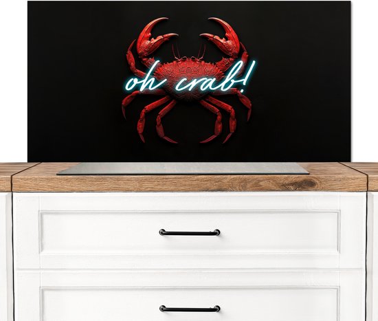 Crédence de Cuisinière en Aluminium 100x50 cm - Crabe - Rouge - Néon - Citation - Écran Pare-éclaboussures pour Plaque de Cuisson - Protection Murale