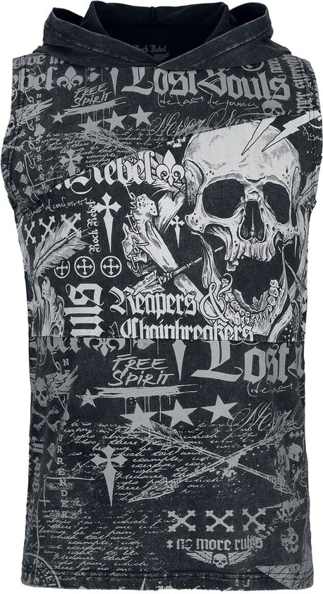 Rock Rebel Top All'Americana Donna Con Motivo Teschio - Nero, Viscosa Ed Elastan, Stampa All-Over