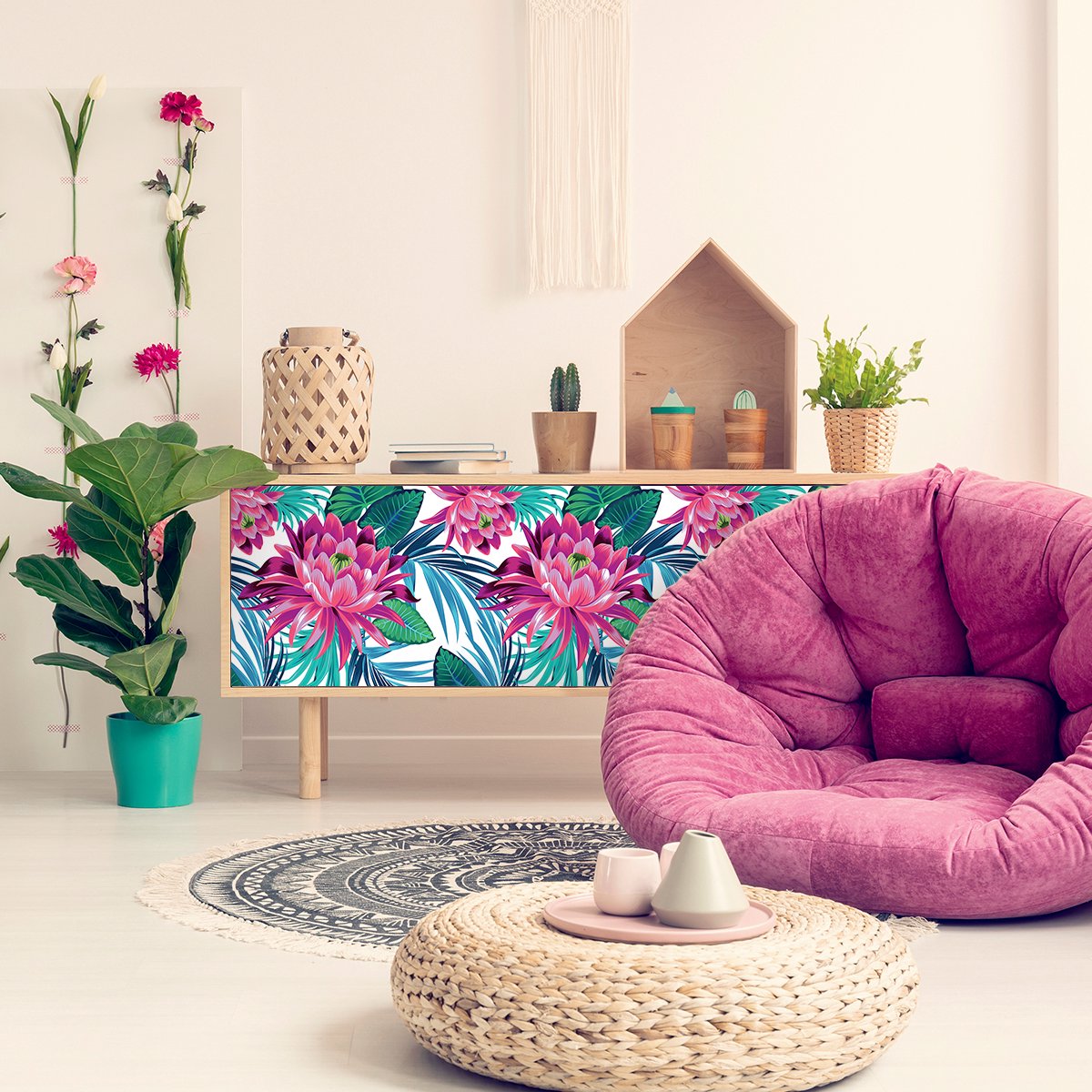 Ambiance Sticker Kyohei sticker met tropisch meubelmotief, 60 x 90 cm Multi color