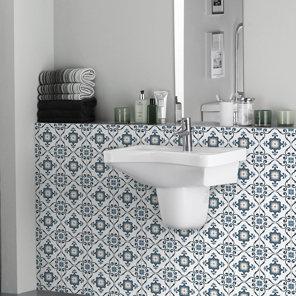 Ambiance Sticker Zelfklevende tegelmuurstickers voor keuken en badkamer - 24 cementtegelstickers, Azulejos-stijl, Celina - 24 stickers, 20x20 cm Multi color
