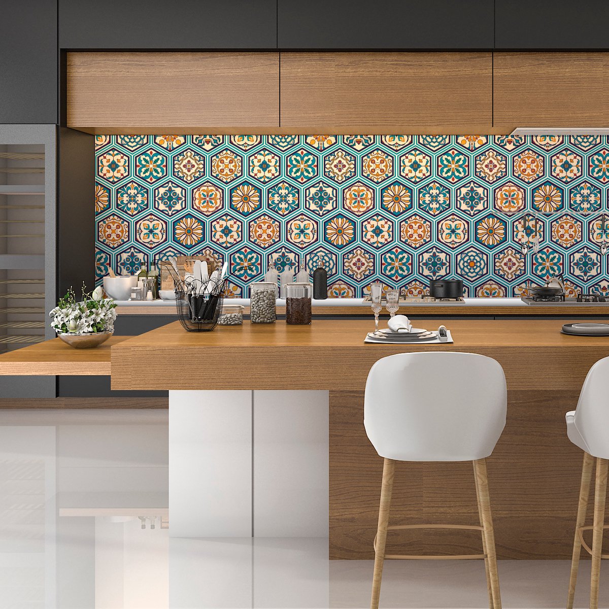 Ambiance Sticker Zelfklevende wandtegels voor keuken en badkamer - Blauwgroene gepatineerde houten zeshoekige tegels - 28 zeshoekige stickers, 10x9 cm Multi color