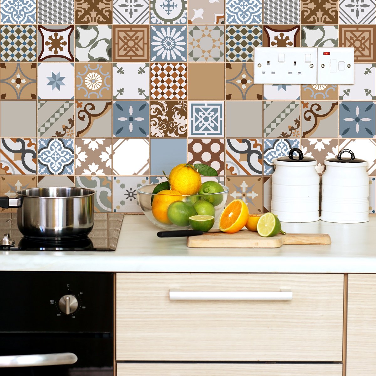 Ambiance Sticker Zelfklevende tegelmuurstickers voor keuken en badkamer - 9 cementtegelstickers, Azulejos Augusto - 9 stickers, 15x15cm Multi color
