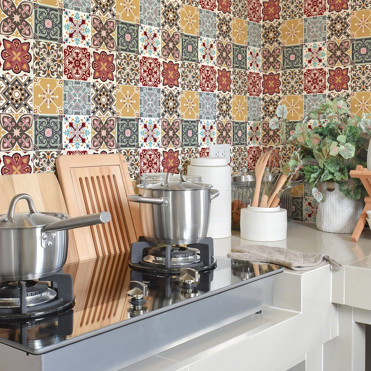 Ambiance Sticker Muurstickers - Zelfklevende tegelmuurstickers voor keuken en badkamer - 9 ANIRIO cementtegelstickers - 9 stickers 15x15cm Multi color